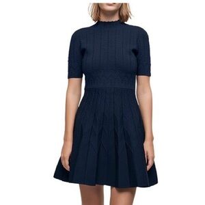 Maje New Navy Blue Textured Dress with Back Gold Zipper